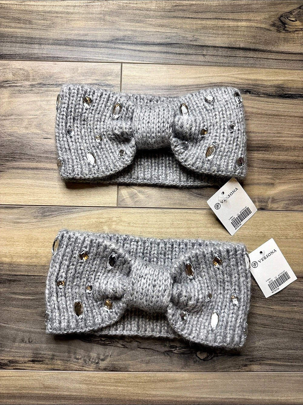 NWT Set of 2 VERSONA Rhinestone Knit Headbands in Gray